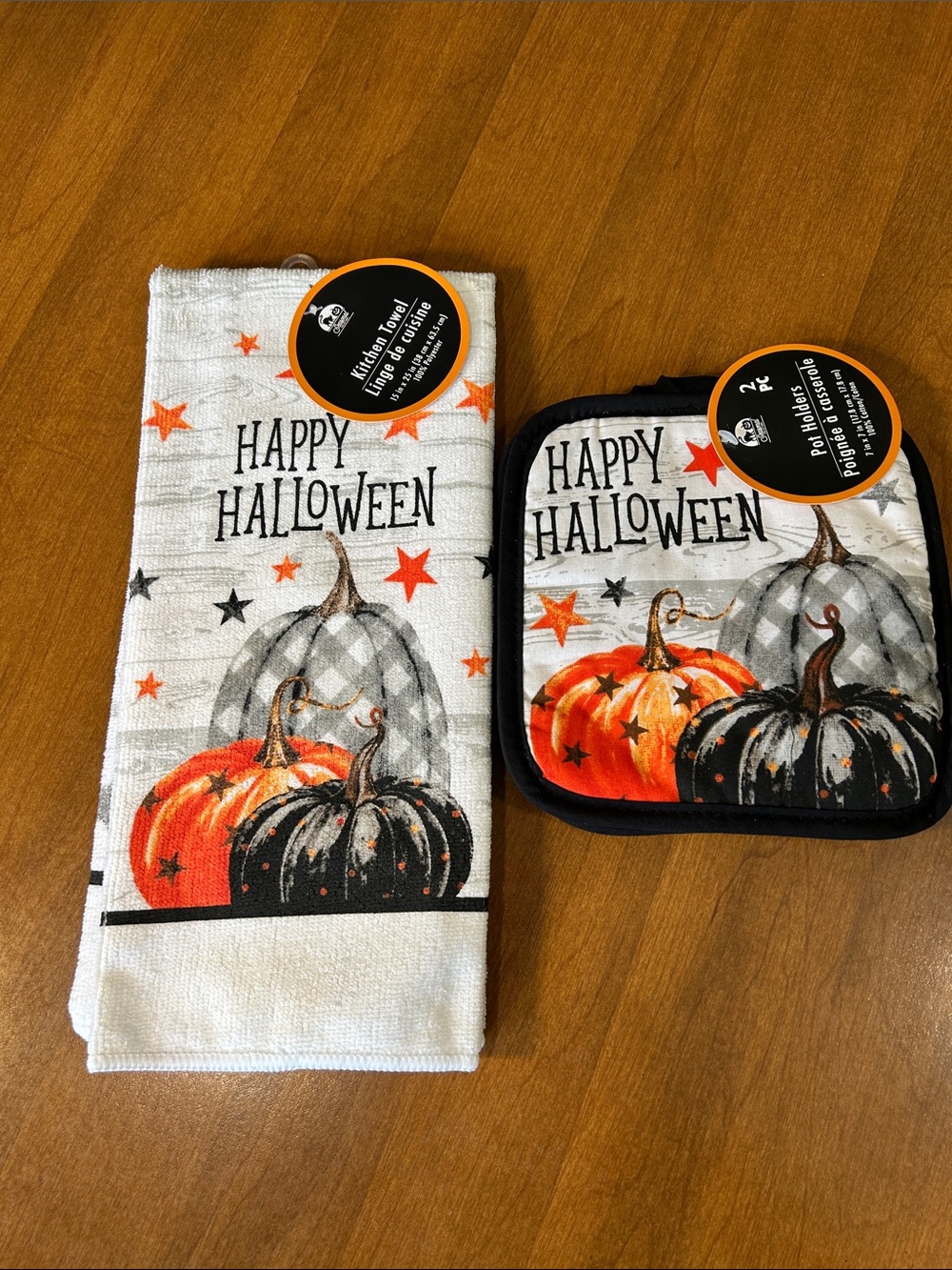 Happy Halloween Pumpkin Kitchen Towel and Pot Holder Set - Orange Black Gray